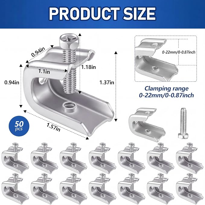 Hicarer 50 Pcs 1/4" x 20 Beam Clamp Heavy Duty Steel, Zinc Plated C-clamp Fastener for I-beams and Strut Channels, Secure Conduit & Pipe Hanging Support