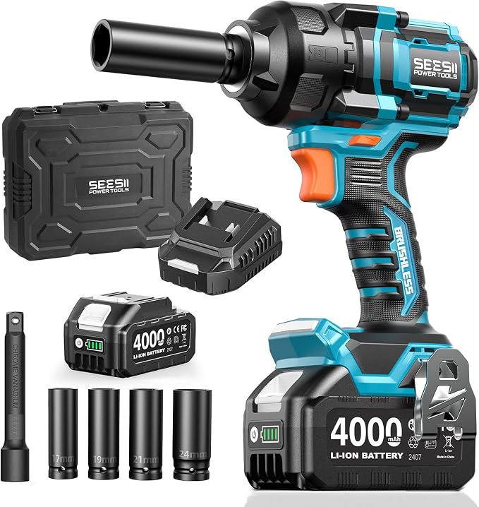 Seesii Impact Wrench 886 FT-LBS(1200N.m) 2900IPM 1/2 Impact Gun High Torque Electric Impact Driver Cordless Impact Wrench with 21V 4.0Ah Battery 5 Socket&Case for Home Car Tire Lug Nut Removal Tool