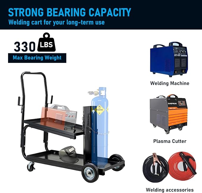Welding Cart, MIG TIG ARC Welder Cart w/Upgraded Handle, Galvanized Casters， 330lbs Capacity Portable Welding Tank cart, Plasma Cutting Machine, Larger Running Gear with Cylinder Rack