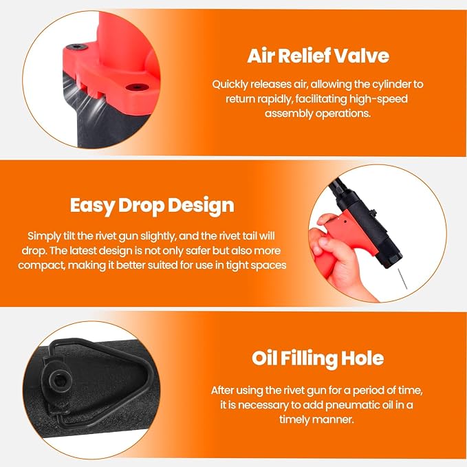 Pneumatic Rivet Gun Air Pop Riveter Tool Kit with 1/8", 5/32", 3/16", 1/4" Rivet Nozzles, Pneumatic Riveting Gun, Upgraded Air Riveter Hydraulic Pop Riveting Rivets Tool, No-Self-Suction