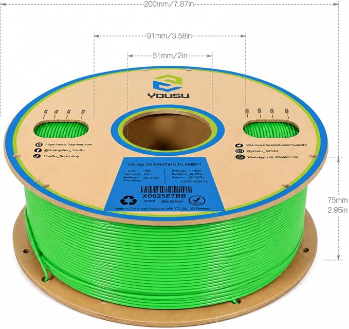 YOUSU Green PVB Filament 1.75 mm for 3D Printer & 3D Pen 1 kg (2.2 lbs), Print As Easy as PLA Filament, can be Polished with Alcohol to get Smooth Surface.