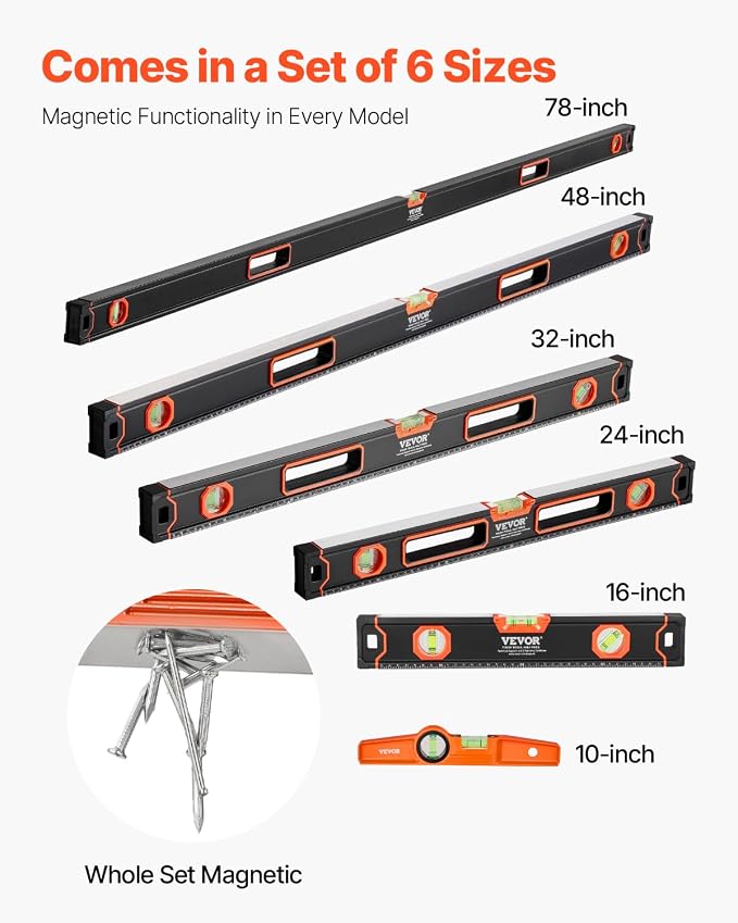 VEVOR 6-Piece Torpedo Level, 78/48/32/24/16/10 Inch All Magnetic Levels Set, Bubble Vials Ruler for 45/90/180 Degree, Aluminum Alloy Magnetic Box Leveler Tool, Shock-Resistance, SAE and Metric Scale