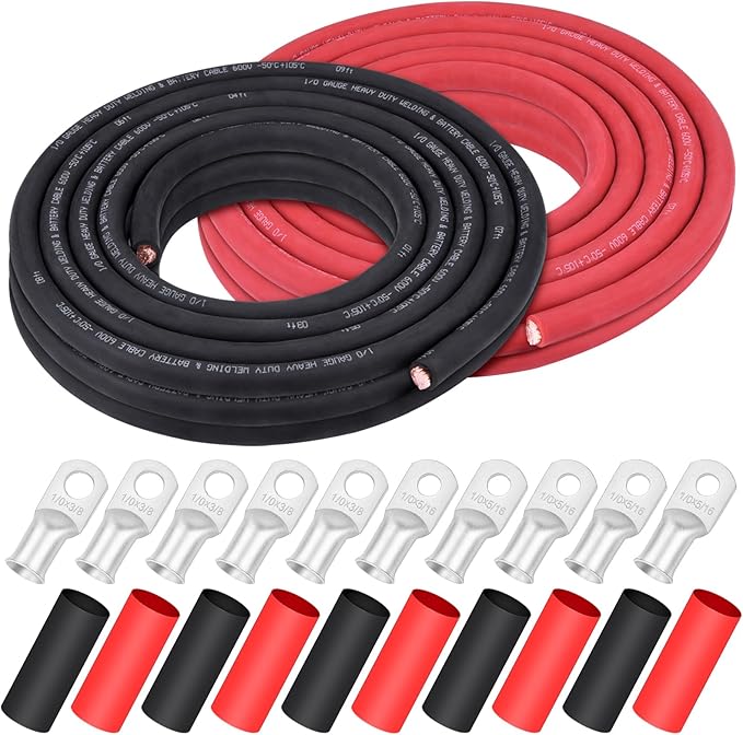 1/0 Gauge Battery Cable,iGreely 1/0 AWG 30 Ft Black+30 Ft Red Copper Welding Wire for Auto Generator Solar Marine,5pcs of 5/16"" & 5pcs 3/8"" Copper Lug Terminal Connector with Heat Shrink Tubing