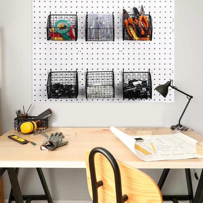 Reallnaive 6 Pack Black Pegboard Baskets Metal Wire Shelf Baskets 5.1 x 5.1 x 3.5 in Peg Board Organizer Accessories Wall Mount Organizer Bins for Tool Storage Craft Room Garage Workbench