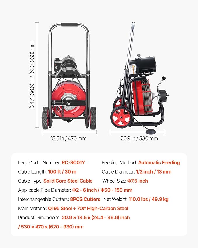 VEVOR Drain Cleaner Machine 100 FT x 1/2 Inch, Auto Feed Sewer Snake Auger on Wheels - with 8 Cutters & Air-Activated Foot Switch for 2" to 6" Pipes