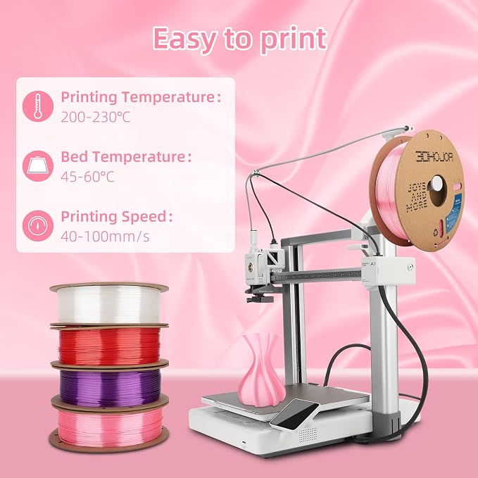 3DHoJor Silk PLA Filament 1.75mm, PLA Filament 1.75mm Silk Shiny 3D Printer Filament, 1kg Cardboard Spool (2.2lbs), Dimensional Accuracy +/- 0.03 mm, Fit Most FDM Printer（Pink）