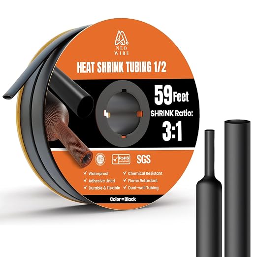 Heat Shrink Tubing 1/2", 3:1 (12.7mm) Ratio Shrink Tube Industrial and Marine Grade, Dual Wall Adhesive Lined Wire Shrink Wrap Tubing, 59 Feet Black Roll