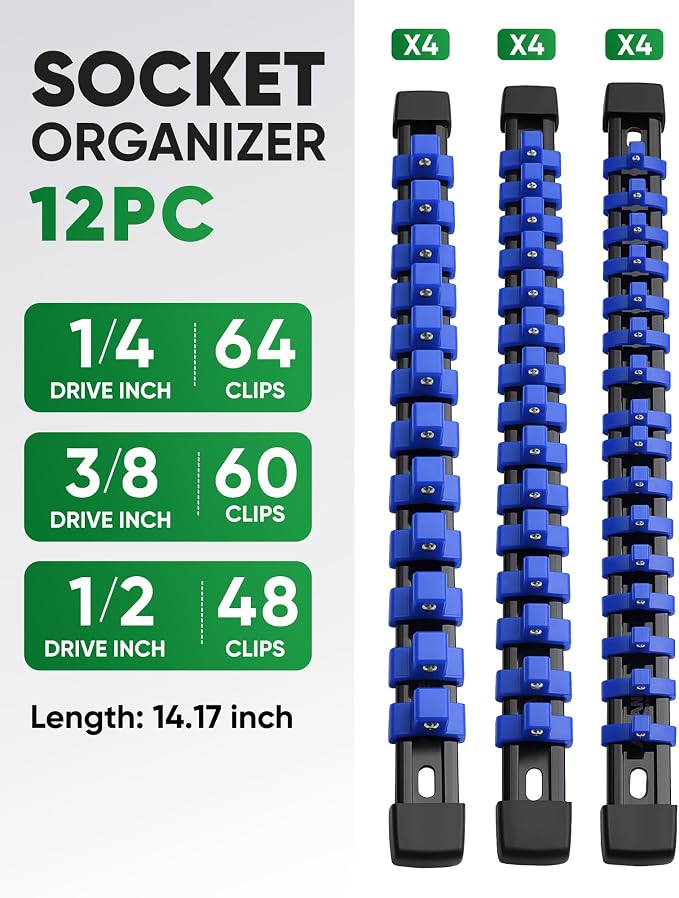 ALOANES 12PC Socket Organizer, Socket Rails Fit 1/2", 1/4" and 3/8" Drive | Heavy Duty ABS Socket Holders Hold up 172 Sockets for Mechanics Toolbox Drawer Bags(Blue)