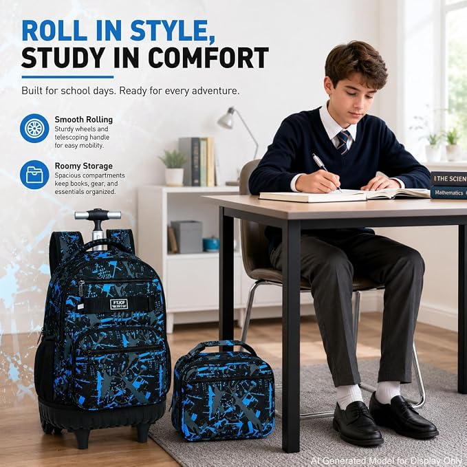 3Pcs Rolling Backpack for Boys Men, Travel Roller Backpacks with Wheels for Adults, Teens College Graffiti Wheeled Bookbag with Lunch Box(Blue)