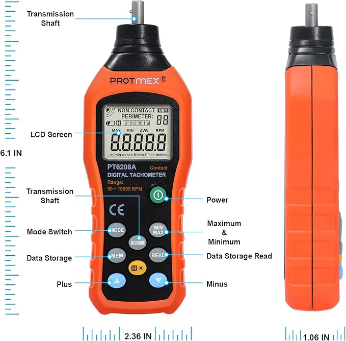 Protmex PT6208A Digital Contact Tachometer, Contact Measurement Speed Tach Meter, 50-19999RPM Speed Meter, Contact Tach RPM Meter with 100 Groups Data Logging, Data Hold, Max/Min/AVG, Backlight