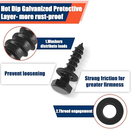Tandefio 50 Pack 1/2''x 2'' Ceramic Black Lag Screw Kit with Washers Hex Lag Bolts Wood Screws Heavy Duty Hot Dip Galvanized Double Layer for Wood Decks Fences