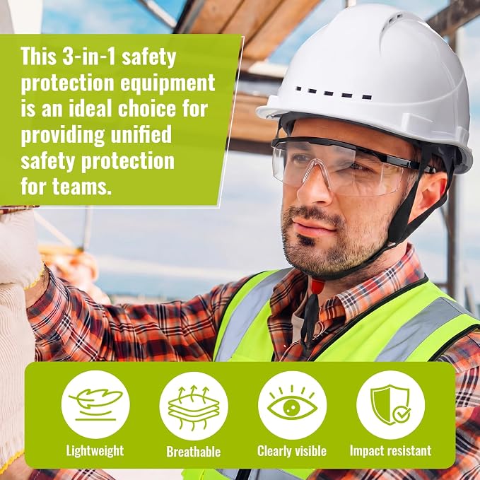 Mumufy 18 Pcs Suspension Hard Hats with Safety Vests and Goggles Bulk, Safety Helmets Vented Cap Helmet High Visibility Vest Mesh Reflective Anti Fog Goggles Adjustable Temples for Construction Work