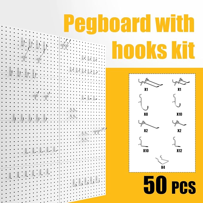 Spampur Peg Board, 8 Pack Metal Pegboard Panels with 50 Hooks, White Pegboards Wall Organizer, Peg Board for Walls Home, Garage Tool Storage, Office Organization, Craft Room