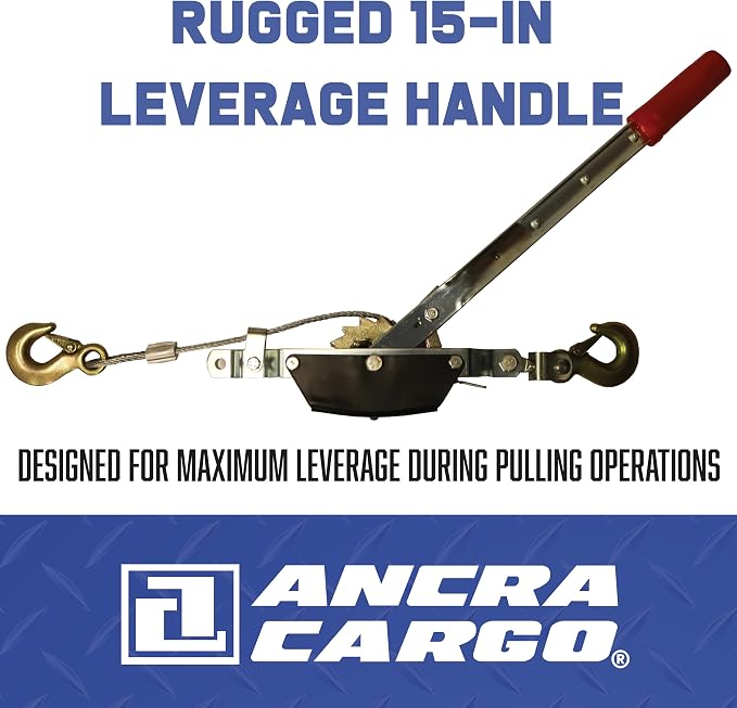 Ancra Cargo Cable Puller, Single Line 1-Ton Standard, 3/16" Aircraft Grade Galvanized Steel Cable, Drop-Forged Steel Slip Hooks with Included Safety Latch