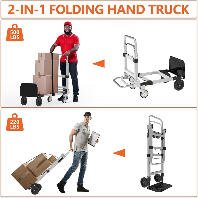 3 in 1 Heavy Duty Folding Hand Truck, Convertible Portable Steel Dolly with Telescopic Handle, Foldable Utility Cart with Rubber Wheels, 500 LBS