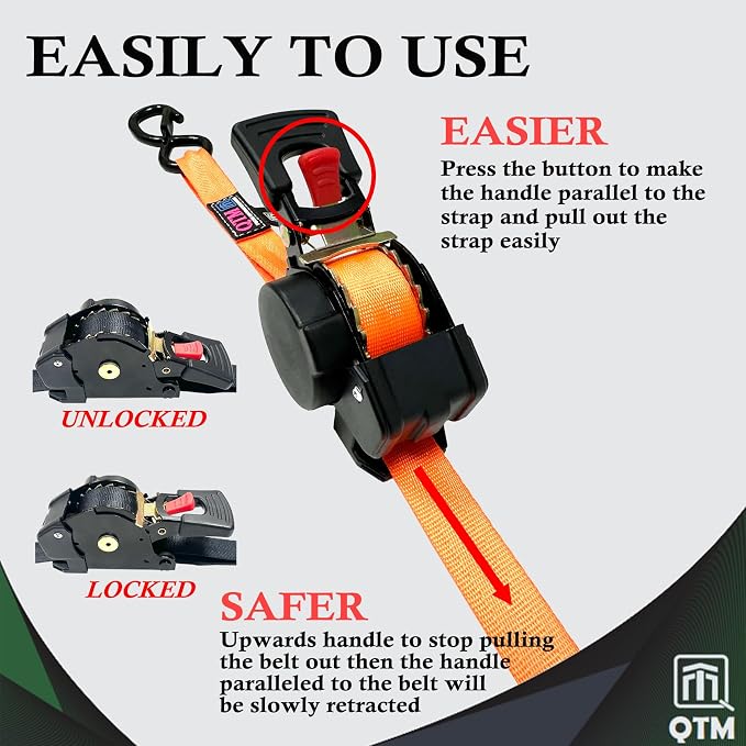 QTM Retractable Ratchet Straps 4-Pack Orange, Heavy Duty 1" x 10ft with Soft Loops & Stainless Steel Spring, 2000lb Breaking Strength for Truck, Trailer, Motorcycle Cargo