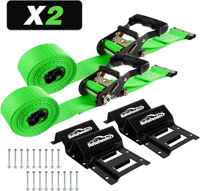 Wheel Chock Tie Down Kit (4,500lb Break Strength) Heavy Duty Trailer Tire Straps System for ATV, UTV, Lawn Mower & More - Ratchet Tie Downs Accessories with E Track for Four Wheeler Green
