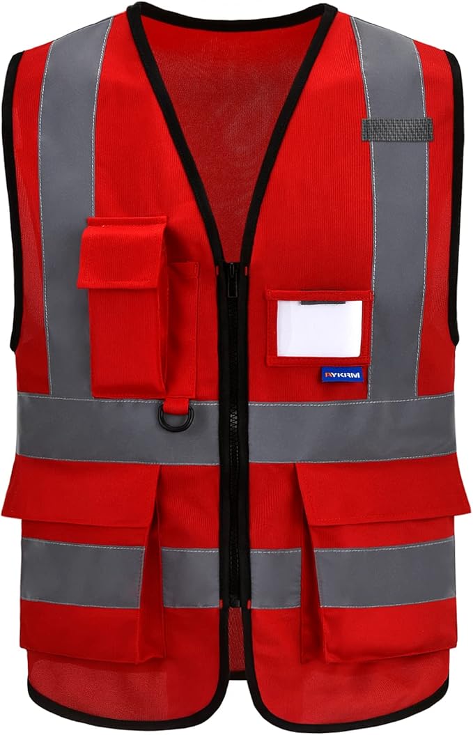 red security vest | Red M safety vest with clear ID pocket, radio mic loop and reflective strips for first responders and site safety teams.