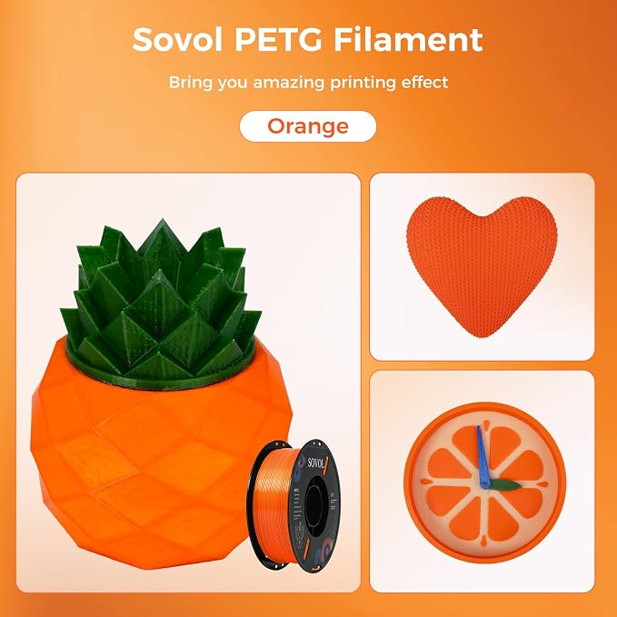 Sovol 3D Printer PETG Filament 1.75mm 1KG (2.2lbs), High Precision, Strong Toughness, Wiring Tightness, Dimensional Accuracy +/- 0.03 mm, 3D Printing PETG Filaments, Orange