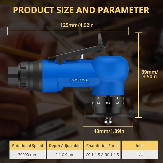 AMTOVL Pneumatic Chamfering Tool - Mini Air Chamfer Tool with 10 C-Angle & 10 R-Angle Blades, 45° 30000 RPM Chamfering Tool for Metal and Wood with 1/4" Air Inlet