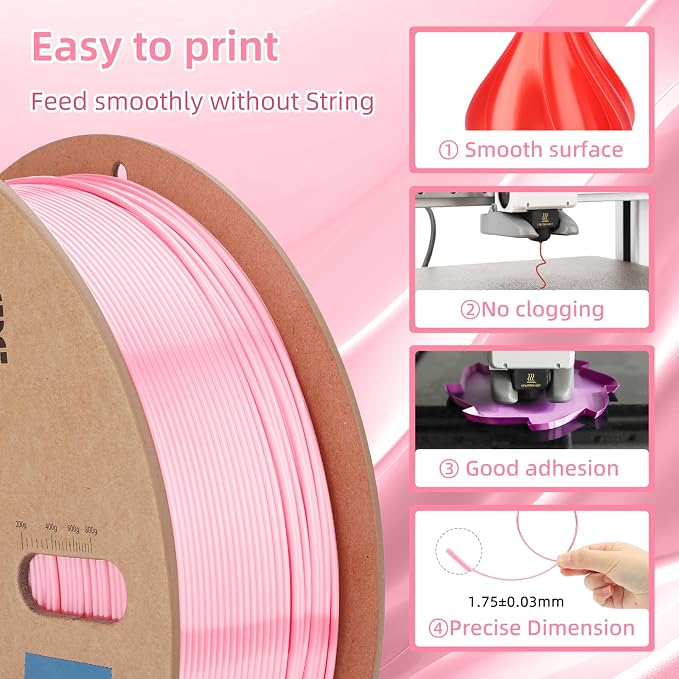 3DHoJor Silk PLA Filament 1.75mm, PLA Filament 1.75mm Silk Shiny 3D Printer Filament, 1kg Cardboard Spool (2.2lbs), Dimensional Accuracy +/- 0.03 mm, Fit Most FDM Printer（Pink）