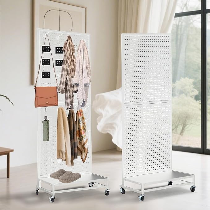 Eastern Tree Metal Pegboard Display Stand 2'x 5'with Base Plate, Pegboard Panels Display with Wheels, Peg Board Display Rack, Standing Pegboard Display with 30 Hooks - White