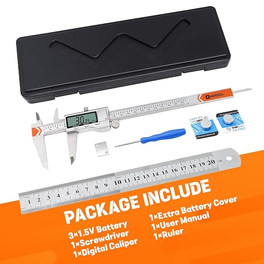 HARDELL 8" Digital Caliper, All-Metal Electronic Micrometer with Large LCD, Inch/Metric/Fraction Conversion, Precision Measuring Tool for Household & DIY (2 Batteries Included)