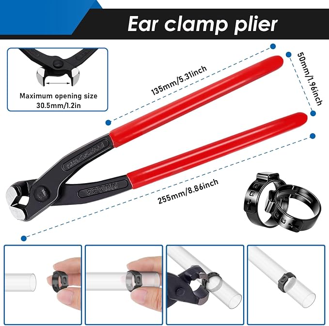 250Pcs 14 Sizes Single Ear Hose Clamp, 5.3-33.1mm 304 Stainless Steel Black Ear Hose Clamp Kit with Ear Clamp Pincer for Automotive, Plumbing, Fuel Line
