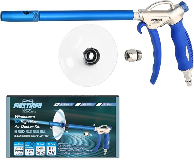 FIRSTINFO A18562US Windstorm EX High Performance Air Blow Gun with Adjustable Air Flow, 6" Extended Nozzle and Protective Shield