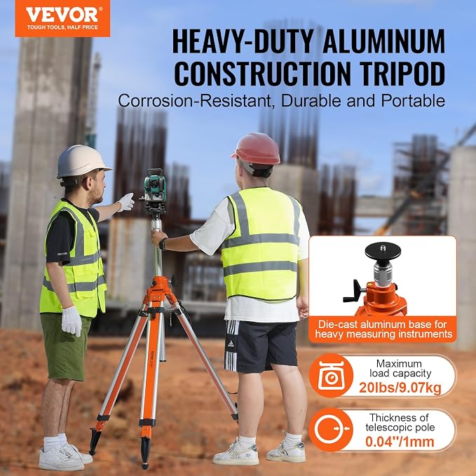 VEVOR Laser Level Tripod Stand, 5/8"-11 Thread Mount, 45.07-114.37 inch Height Adjustment Heavy Duty Survey Tripod, with Level Bubble & Diffusion Limiter, Liftable Non-Skid Feet for Construction
