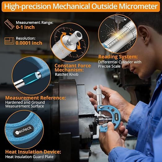 Neoteck 0-1" Outside Micrometer 0.0001" Resolution Carbide-Tipped Anvils Precision Mechanical Micrometer Anti-Glare Graduation Micrometer Set with Wrench and Case for Machining, Automotive, Inspection