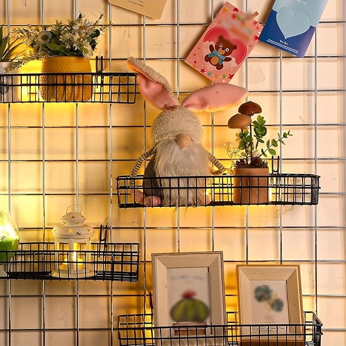 4 Pack 15.75 x 6 x 2.36 Inch Metal Grid Wall Baskets with Hooks, Hanging Wire Grid Basket, Multi-Function Wall Mounted Organizer for Kitchen Organizing Display, Black