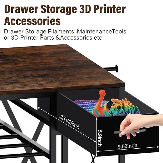 3D Printer Stand with Charging Station, Large 4-Tier 3D Printer Table with Filament Storage and Storage Drawer,Filament Rack,Heavy Duty 3D Printer Desk for Workshop,Office and Garage,Brown