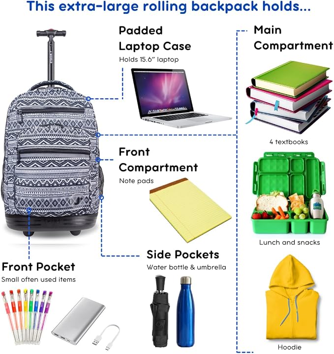 J World New York Sundance Rolling Backpack Girl Boy Roller Bookbag, Tribal, One Size