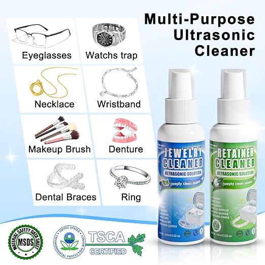 Ultrasonic Jewelry Cleaner with 45kHz for Rings, Glasses & Retainers | Safely Cleans Silver Necklace & Earring，3 Power Modes & 5 Timer Settings，Includes 2 Cleaning Solutions，35W Power & Degas Mode