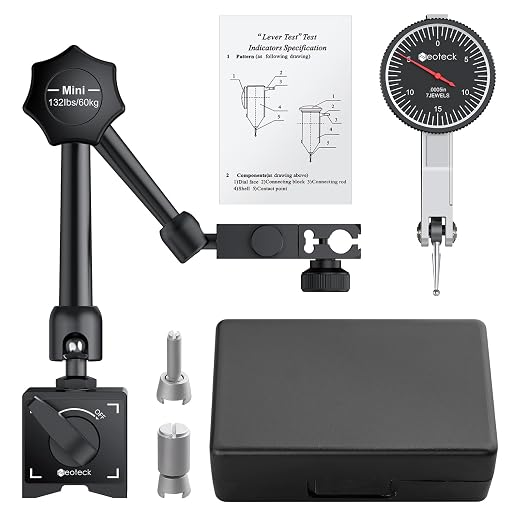 Neoteck 0-0.03"/0.0005" Dial Test Indicator with 132lbs(60kg) Max Pull Magnetic Base Stand Test Indicator Set with 3/8 inch (9.52mm) Clamping Hole for Machine Set-Up and Narrow Area Measurement-Black