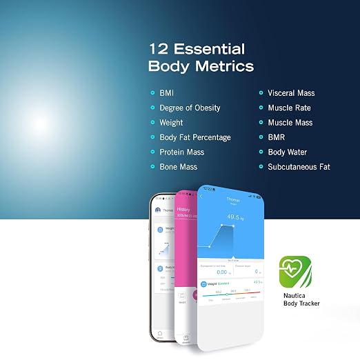 Nautica Body Tracker Digital Bathroom Scale, Bluetooth-Enabled Smart Scale with BMI, Body Fat, Muscle Mass Tracking & More, Syncs with Smartphone App for Body Composition Tracking, 440 Lbs.