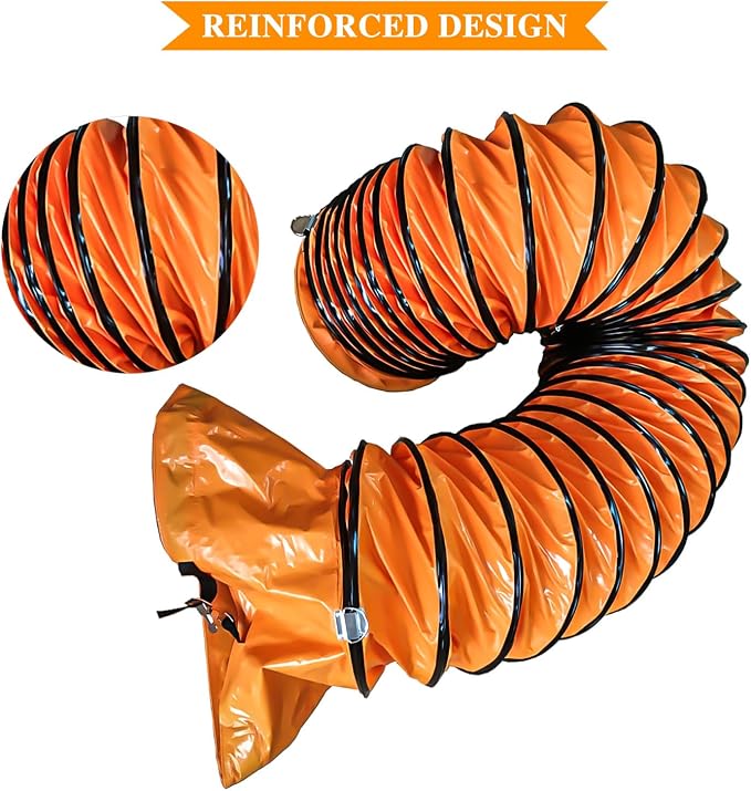 8"×25FT PVC Flexible Duct Hose, Flame Retardant HVAC Ducting with Adjustable Rope, D Hook & Steel Support for Ventilation, Exhaust, Drying, and Cooling Applications