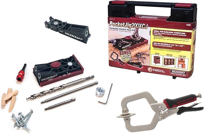 Milescraft Pocket Jig 200XCJ - Woodworking Tool Bundle with Double Barrel & Single Barrel Pocket Hole Jigs, 2" Face Clamp, Accessories