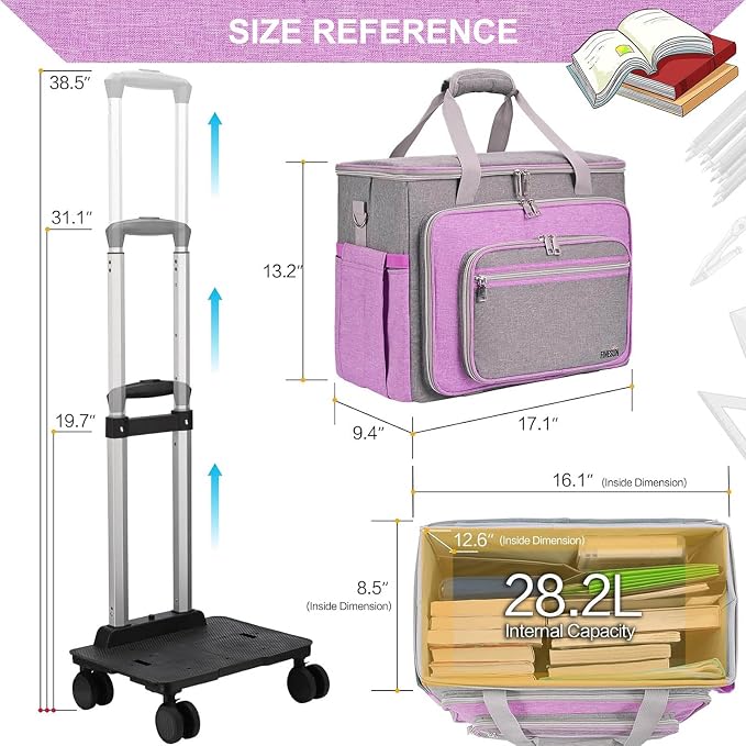 Rolling Teacher Tote Bag with Wheels Craft Storage Organizer Bag, Portable Wheeled Craft Cart for Teacher Art Office Scrapbook Supplies, Heavy Duty Multi-Purpose Rolling Tote Purple
