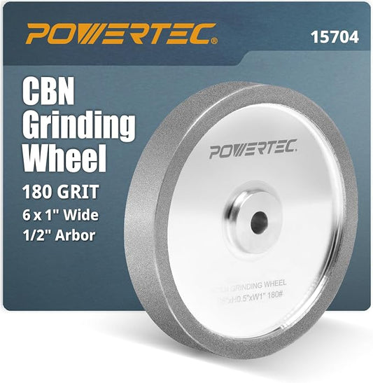 POWERTEC CBN Grinding Wheel 6 Inch 180 Grit, 1" Wide, 1/2" Arbor – Bench Grinder Sharpening Wheel for HSS Tools, Lathe Chisels, and Woodturning Tools (15704)