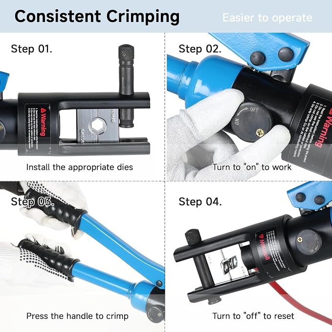 16 Ton Hydraulic Battery Cable Lug Terminal Crimping Tool Kit Wire Crimper with 6AWG to 600MCM 11 Pairs of US Standard Chromed Hexagon Crimp Dies