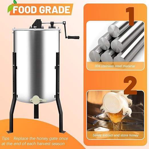 Manual Honey Extractor, 3 Frames Honey Spinner with Ergonomic Handle, Durable & Easy to Clean, Food-Grade Stainless Steel Honey Separator Equipment for Beekeeping Starter, Small-Scalez Apiary
