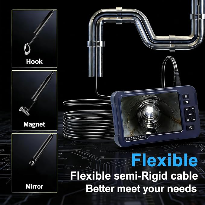 Endoscope Camera with Light 1920P HD Dual-Lens Borescope with 8 LED Lights, IP67 Waterproof Snake Sewer Tools 4.3" Inspection Camera,16.4ft Semi-Rigid Drain Endoscope (16.4FT Dual Lens-Blue)
