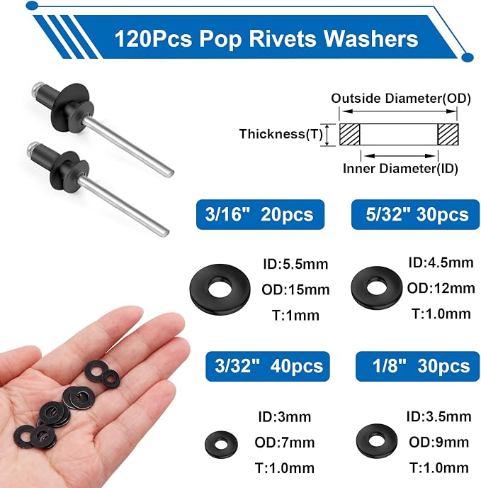 smseace Black, Silver(Can Choose) Pop Rivet Gun Kit Black Pop Rivets, Large Flange Rivets, Washers and Rivets Gun Tool Packed in Portable Toolbox with Color Label