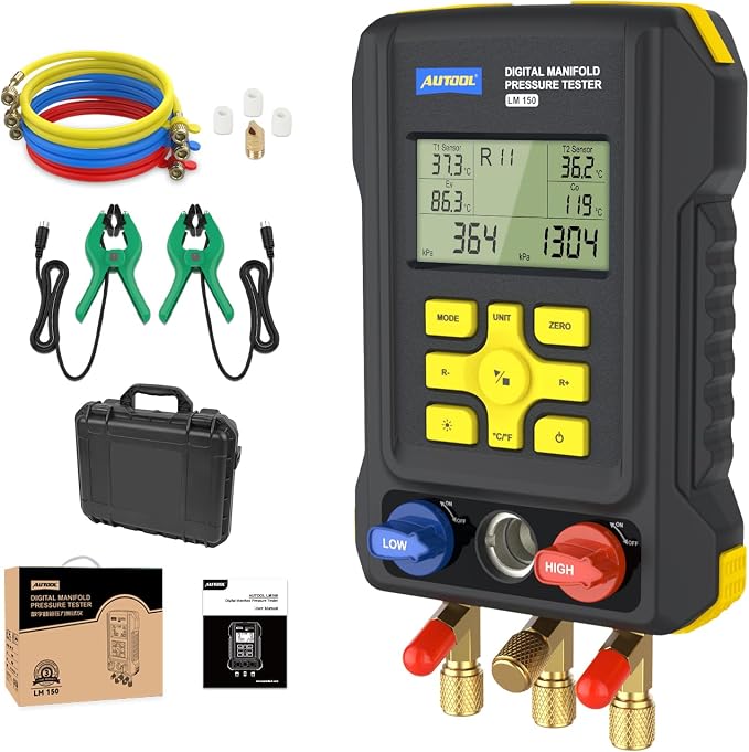 AUTOOL AC Manifold Gauge Set, Incl. 2X Pipe Clamp Thermometer, 1x Digital HVAC Gauge, Set of 3 Hoses – AC Gauge Set, with Evacuation Mode, Refrigerant Mode and Pressure Leak Test