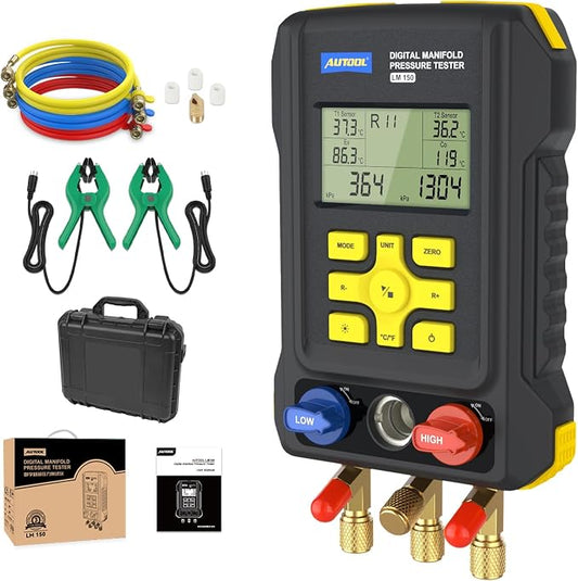 AUTOOL AC Manifold Gauge Set, Incl. 2X Pipe Clamp Thermometer, 1x Digital HVAC Gauge, Set of 3 Hoses – AC Gauge Set, with Evacuation Mode, Refrigerant Mode and Pressure Leak Test