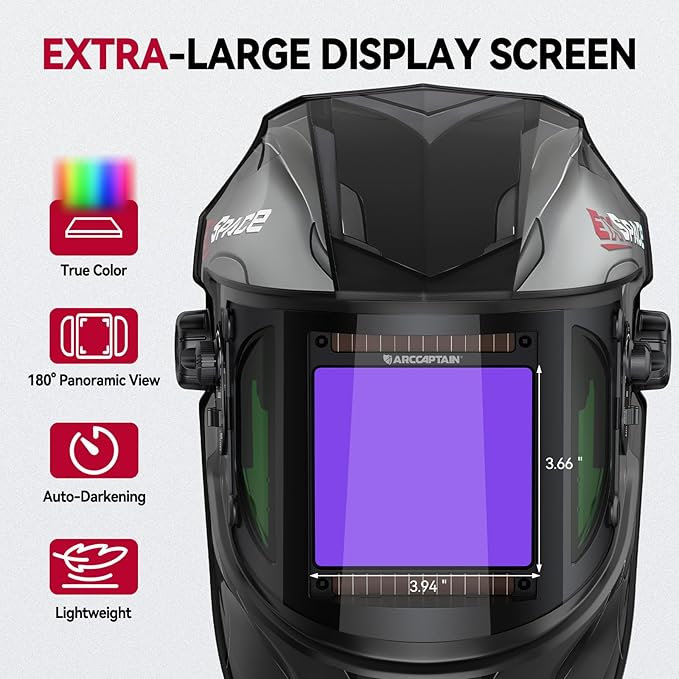 ARCCAPTAIN Auto Darkening Welding Helmet with Side View, 180° Panoramic View, 1/1/1/1 True Color Large Viewing Welding Hood with 4 Arc Sensor Solar Powered, Wide Shade 4/5-9/9-13 for TIG MIG ARC CUT
