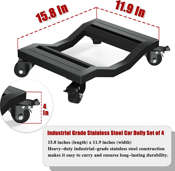 Car Dolly Set of 4, 6,800 lb Capacity - Industrial Grade Stainless Steel Vehicle Moving Dollies with Locking Caster Wheels & U-Shaped Design for Cars, SUVs, Trucks, Trailers