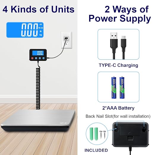 TIPRE Shipping Scale 440lbs for Packages, Heavy Duty Digital Postal Scale with LCD Display 0.35 oz High Precision Express Scale with Type-C Charging & Batteries Smart Hold/Tare for Small Business Home
